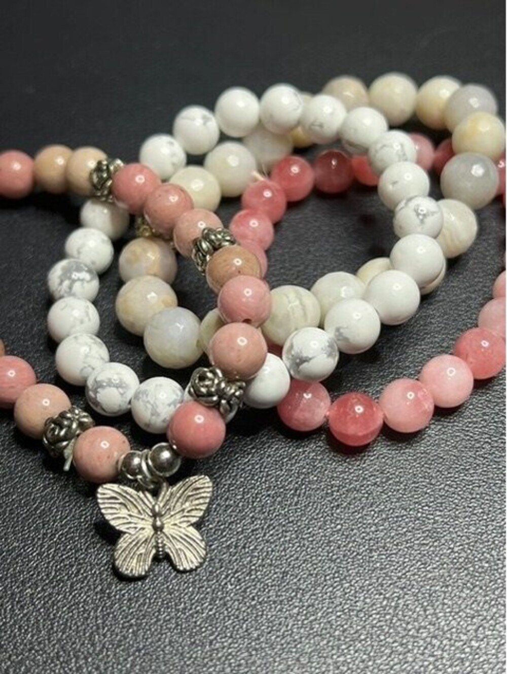 B7447 4pc Stone stretch Bead Bracelets Stack Butterfly Rhodonite Agate Boho